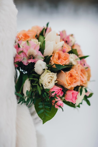 Premium Photo Beautiful Wedding Bouquet With White And Orange Roses And Pink Alstroemerias