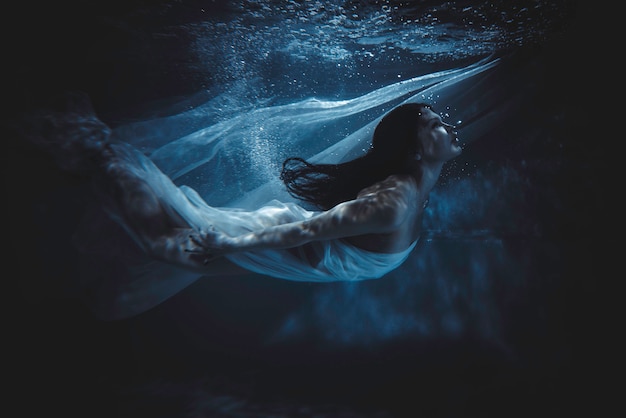 Premium Photo | Beautiful woman swimming with fancy dress underwater
