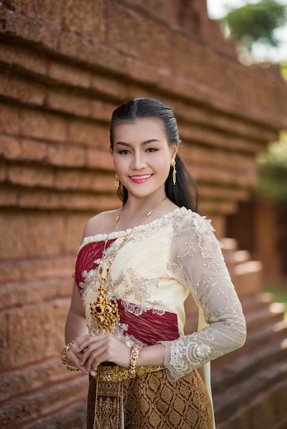 Beautiful Woman Wearing Typical Thai Dress Free Pho