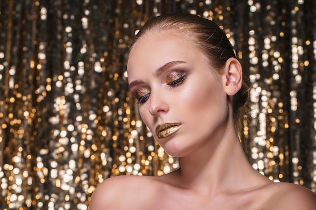 Premium Photo Beautiful Woman With Golden Make Up