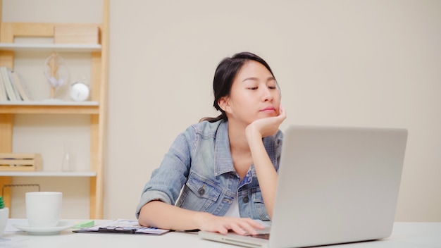 Beautiful Young Asian Woman Sleepy Exhausted Working At Office