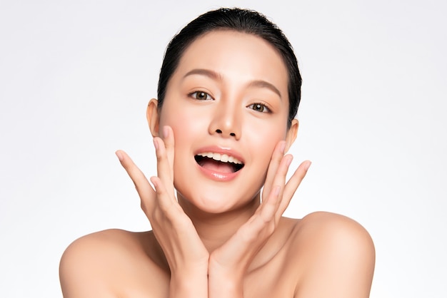 Premium Photo Beautiful Young Asian Woman Touching Her Clean Face 