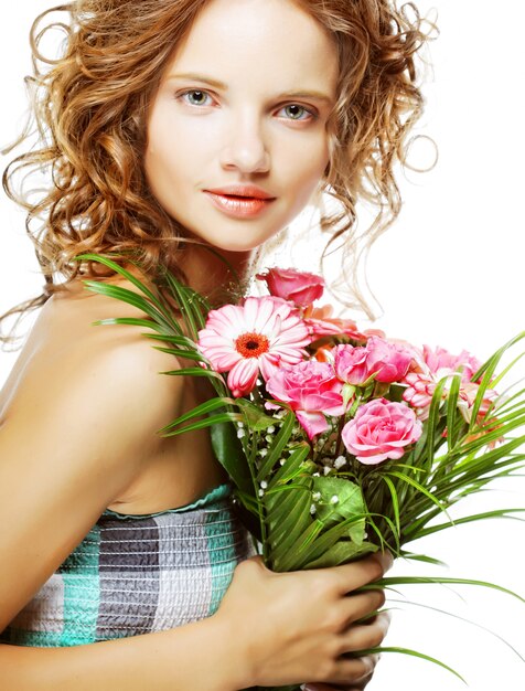 Portrait Beautiful Young Woman With Bouquet Of Pink Peony Flowers