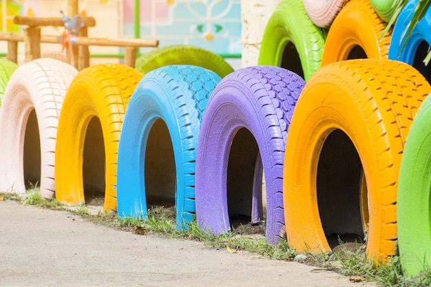 Beauty Colorful Of Old Tire Made Building Fence Decoration In The