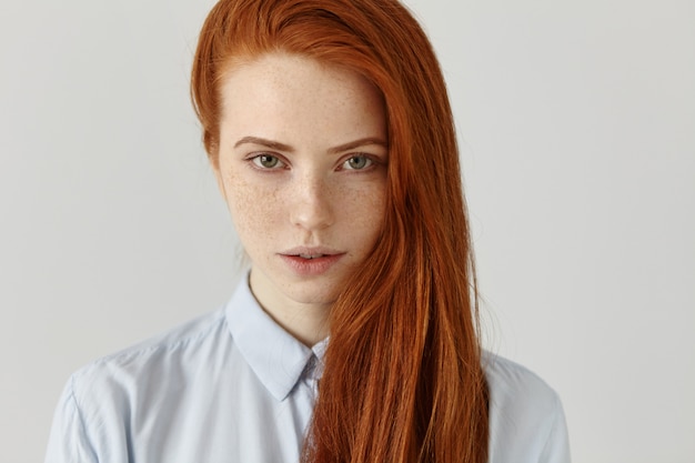 Headshot Portrait Of Young European Lady With Red Hair And 