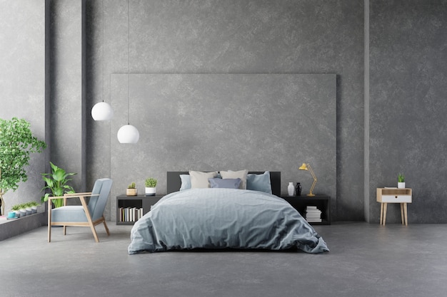 Bed with sheets in bedroom interior concrete wall and modern furniture ...