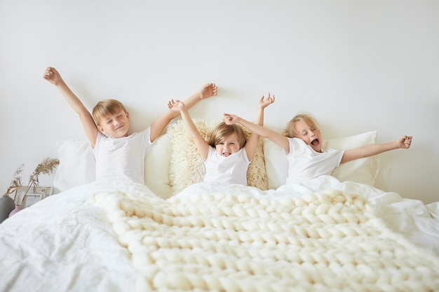 Bedding, sleep, rest and relaxation concept. indoor shot of three children feeling sleepy while waking up early in the morning before school. two brothers and sister yawning and stretching in bed Free Photo, čaj, čaj pre deti, detský čaj, kofeín, spánok, tri deti, súrodenci, ráno