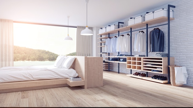 ベッドルームとドレッシングルームのロフトスタイルのインテリアデザイン プレミアム写真
