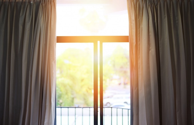 Bedroom window in the morning - sunlight through in room open curtains ... Open Window At Morning