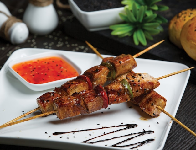 Free Photo Beef Shish Kebab With Hot Chili Sauce 2653