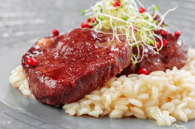 Premium Photo | Beef stew with white rice and sauce