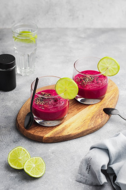 Premium Photo | Beetroot cream soup with chickpea, coconut milk, celery ...