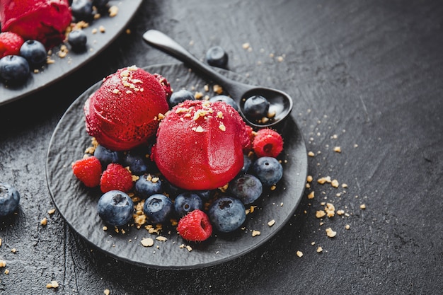 Berry refreshing ice cream scoops on plate Premium Photo