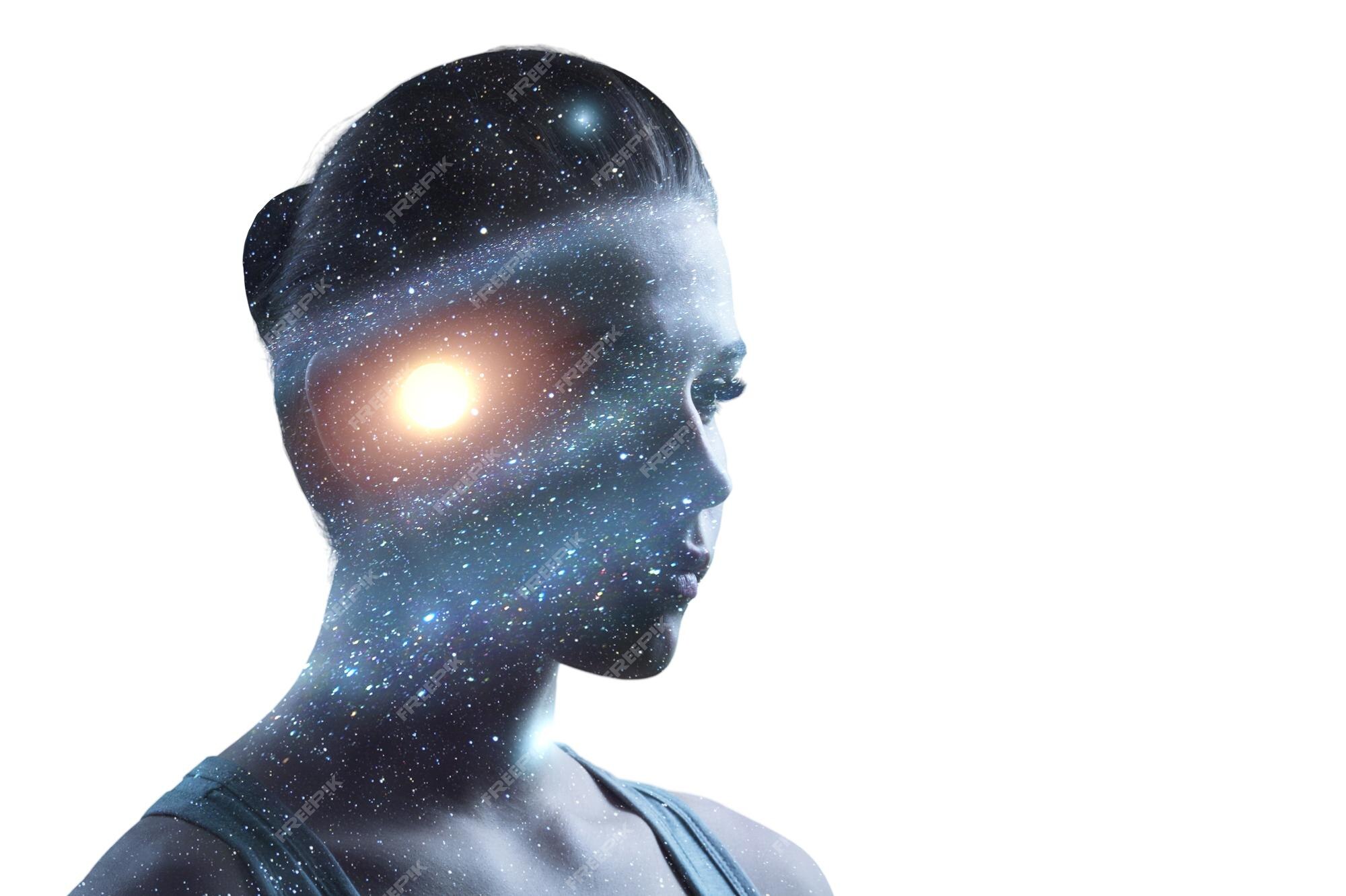 Premium Photo | Beuty woman with the cosmos illustration as a brain.