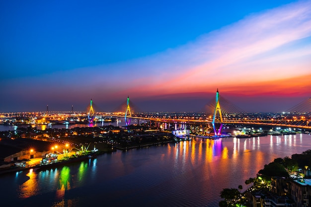 Premium Photo | Bhumibol suspension bridge over chao phraya river at ...