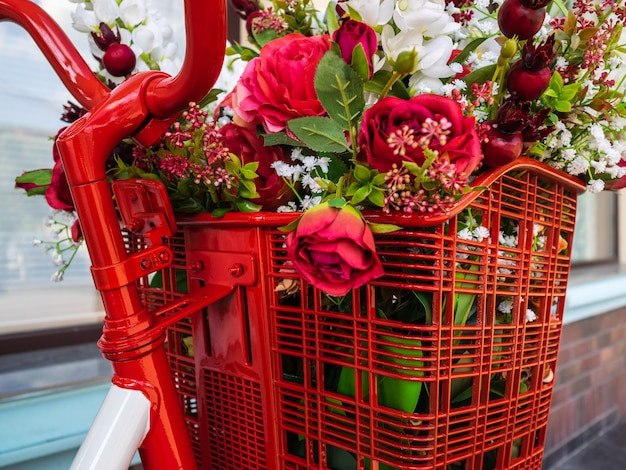 flowers in bicycle basket