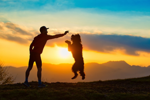 カラフルな夕日の山々を背景に男のシルエットからビスケットを取るためにジャンプする大きな犬 プレミアム写真