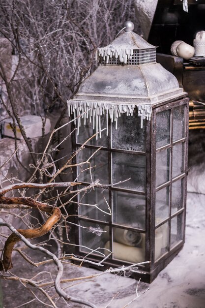 Big Lantern In Winter Garden Shabby Style Winter Holidays Outdoor