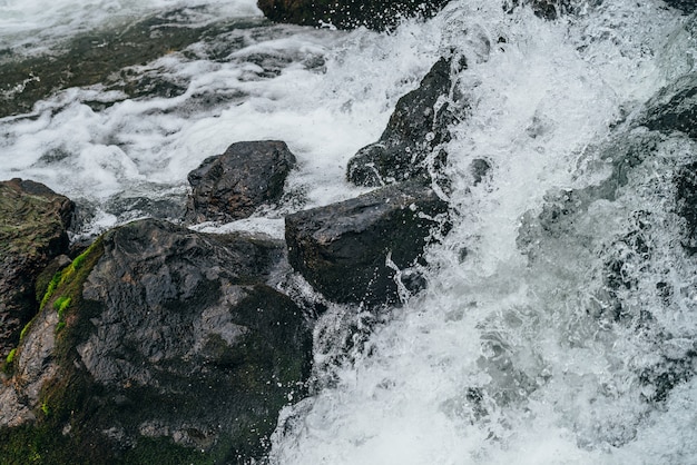 Premium Photo | Big stones with moss and lichen in water riffle of ...