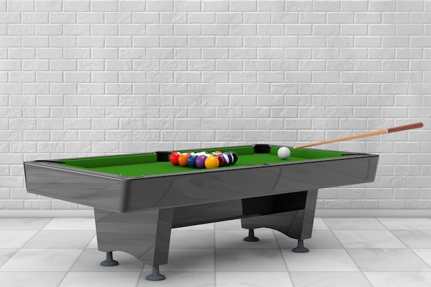 Premium Photo Billiard Table With Balls Set And Cue In Front Of Brick