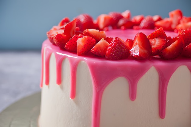 Birthday Delicious Cake With Pink Glaze Decorated Fresh