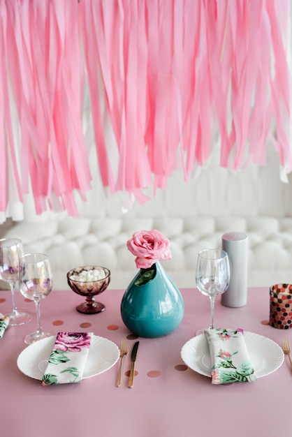 Premium Photo Birthday Table Setting In Pink And Colors With Rose In Vase Streamers Garland Background Baby Shower Or Girl Party