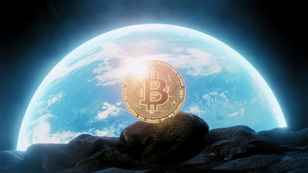 Premium Photo | Bitcoin on moon surface with glowing planet earth ...