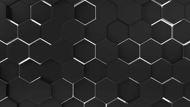 Premium Photo | Black abstract background hexagon pattern with light rays.