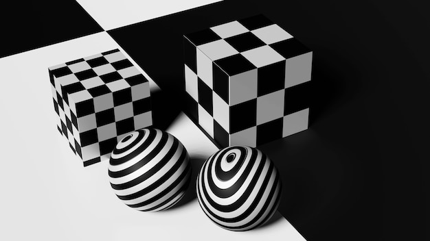 市松模様の表面に市松模様の四角い立方体が付いた黒と白のボール 3dレンダリング プレミアム写真