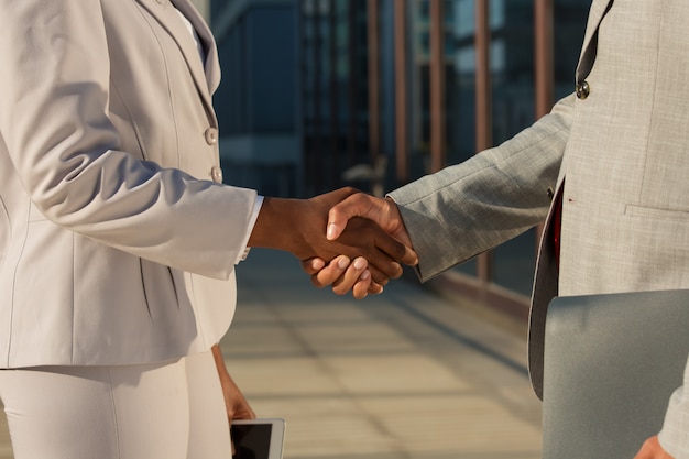 Free Photo Black Businesswoman Shaking Hands With Male Partner