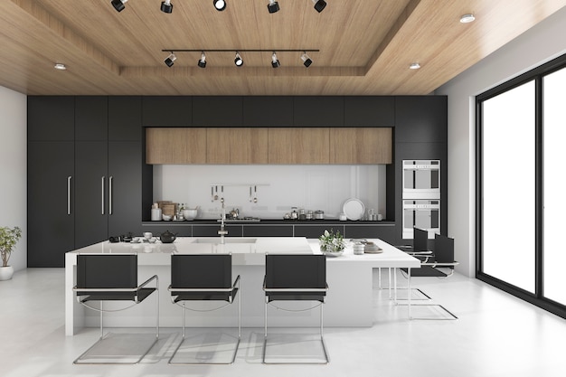 Premium Photo | Black kitchen with wood ceiling