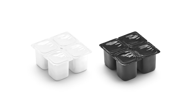  Blank black and white 4 pack yogurt box mockup set, isolated