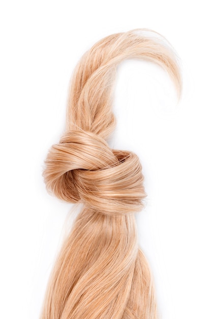 Premium Photo Blonde Hair Lock Tied In Knot Strand Of Honey Blonde Hair Isolated On White Background Top View Hairdresser Service Hair Strength Haircut Dying Or Coloring Hair Extension Treatment Concept