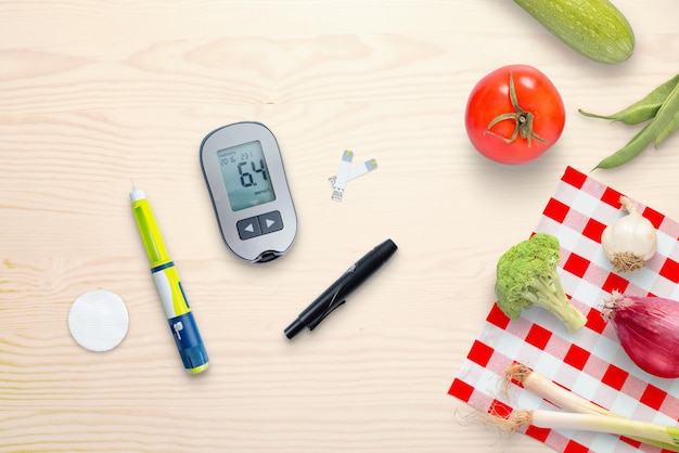 Premium Photo | Blood glucose meter and insulin injection on the table ...