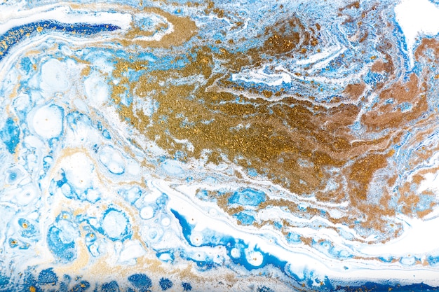 ゴールドキラキラと青と白の霜降り 大理石の液体テクスチャ プレミアム写真