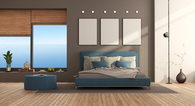 Premium Photo Blue And Brown Modern Bedroom With Double Bed And Large Window 3d Rendering