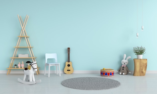 Premium Photo Blue Chair And Guitar In Child Room For Mockup 3d Rendering