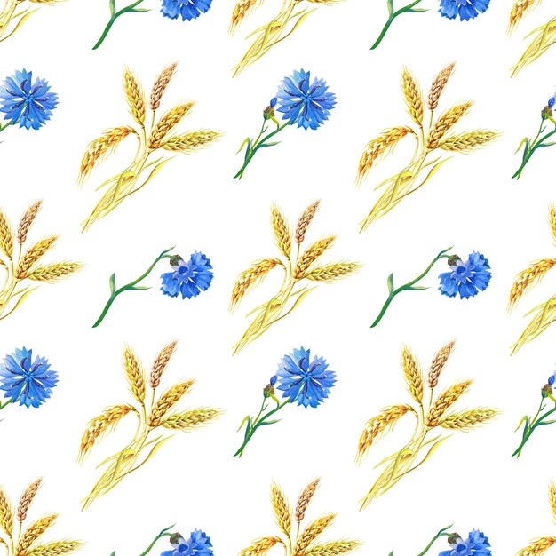 青いヤグルマギク 小麦 水彩花柄シームレスパターン 花の水彩イラスト プレミアム写真