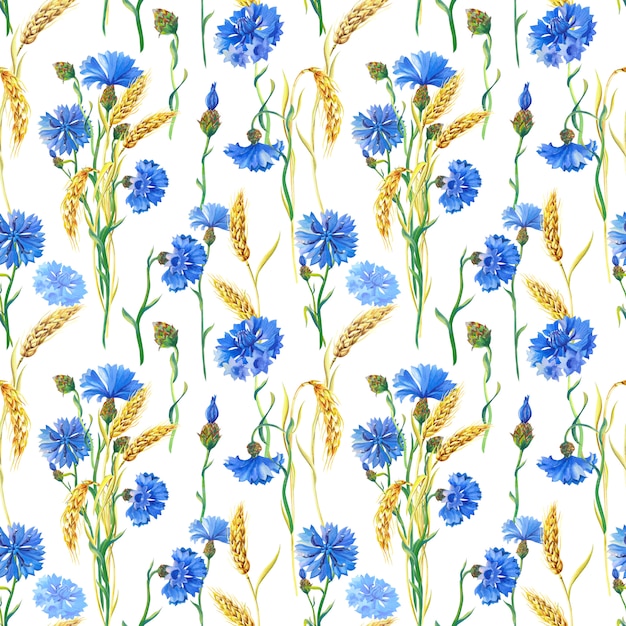 青いヤグルマギク 小麦 水彩花柄シームレスパターン 花の水彩イラスト プレミアム写真