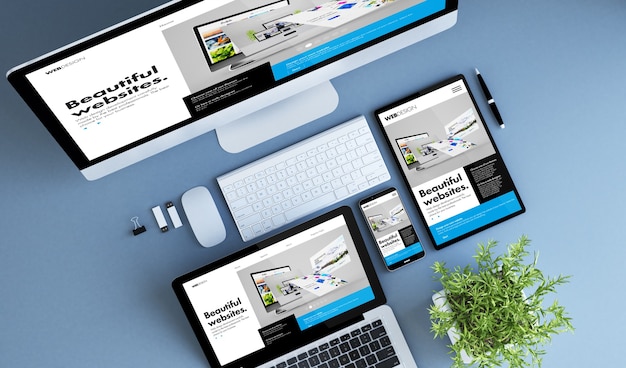 Blue devices top view creative website builder 3d rendering. Premium Photo