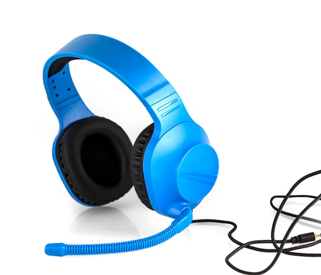 Premium Photo | The blue headset with microphone isolated over white