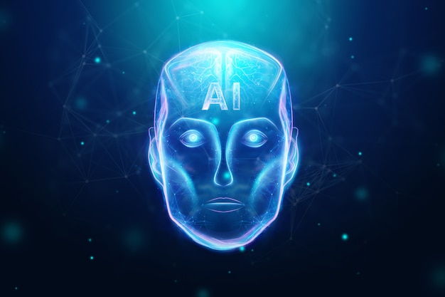 Blue hologram robot head, artificial intelligence. concept neural ...