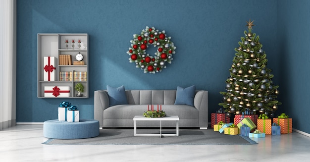 Premium Photo | Blue living room with christmas decoration