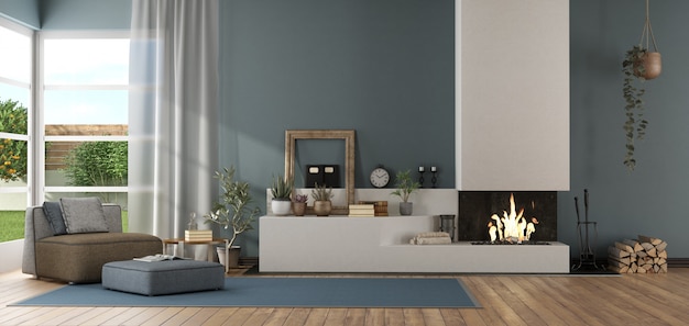Premium Photo Blue Modern Living Room With Fireplace