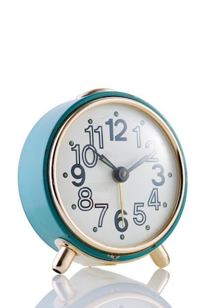 Premium Photo | Blue retro alarm clock on a white isolated background ...