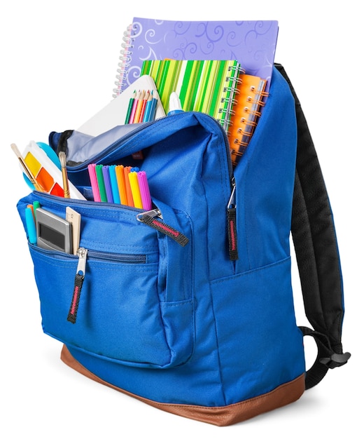 Premium Photo | Blue school backpack on background.