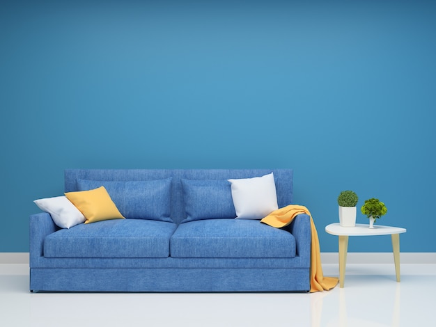 Premium Photo | Blue sofa and wall living room interior