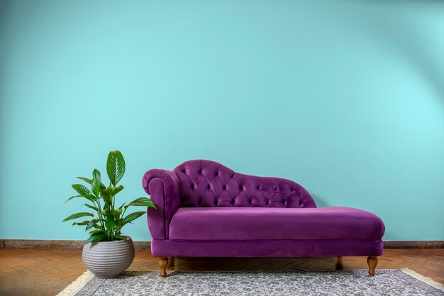 Premium Photo Blue Wall Living Room Rustic Interior With A Purple Recamier Couch