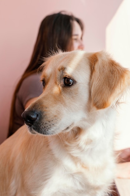 かわいい犬とぼやけた女性 無料の写真