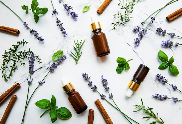 Premium Photo | Bottles of essential oil with rosemary, thyme, lavender ...